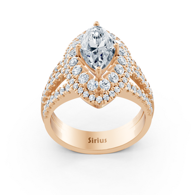 Rose gold halo ring with marquise diamond &amp; rubies
