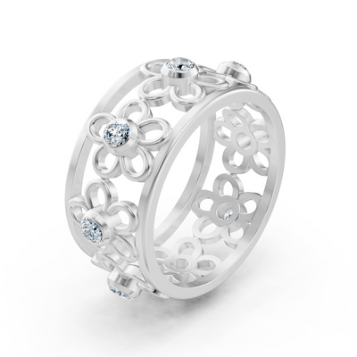 Filigree flower ring with diamonds in 14K white gold