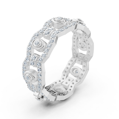White gold diamond ring with chain and circle design