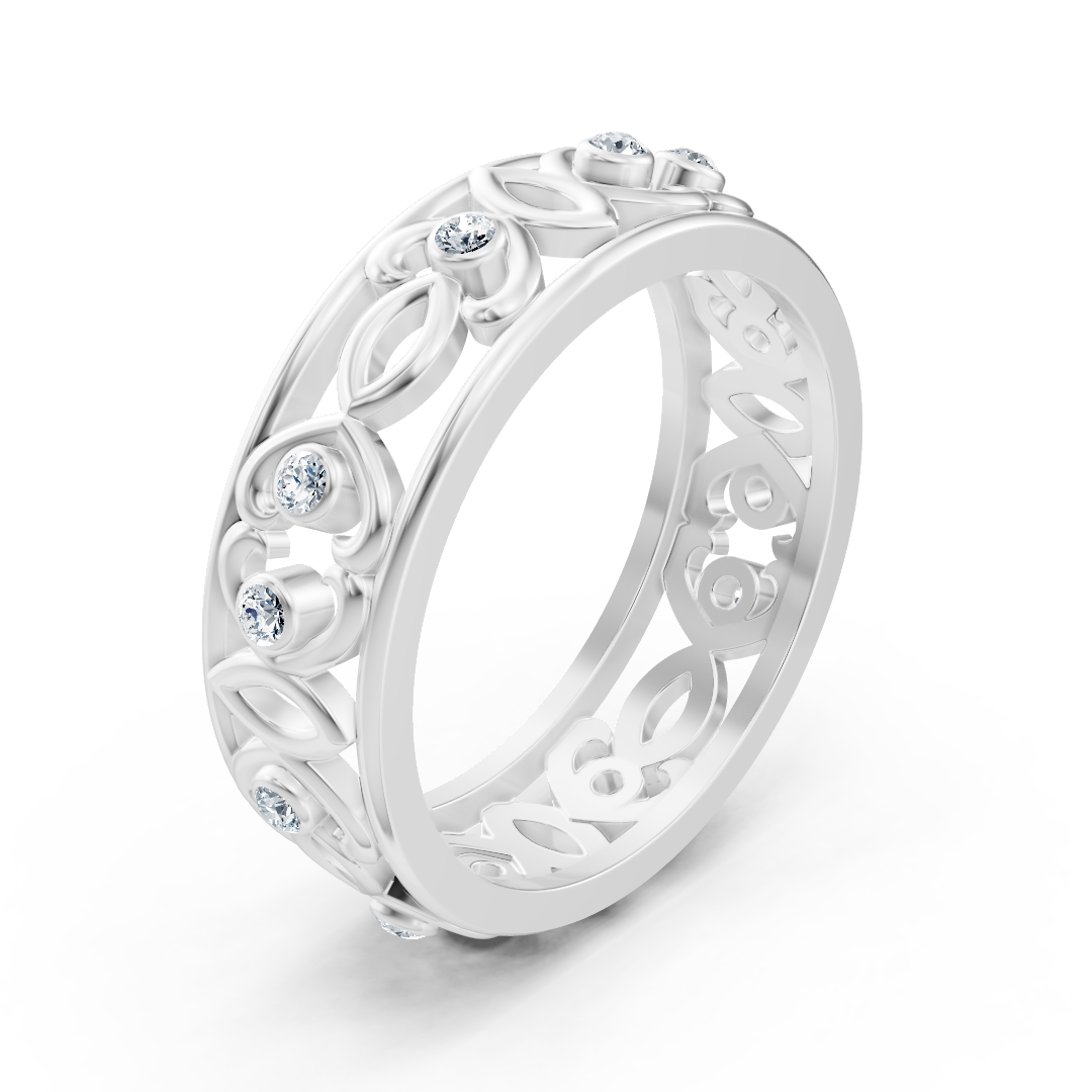 Modern white gold ring with round diamonds in bezel design