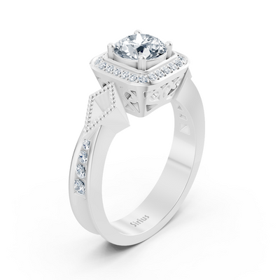 Diamond side stone halo engagement ring in white gold