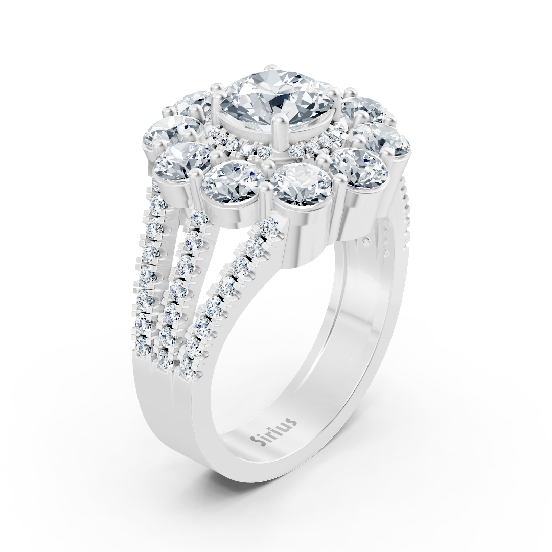 Weißgoldener Halo-Ring mit Diamanten, Smaragden & Rubinen