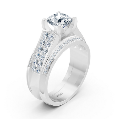 Cathedral canal engagement ring with diamonds in white gold
