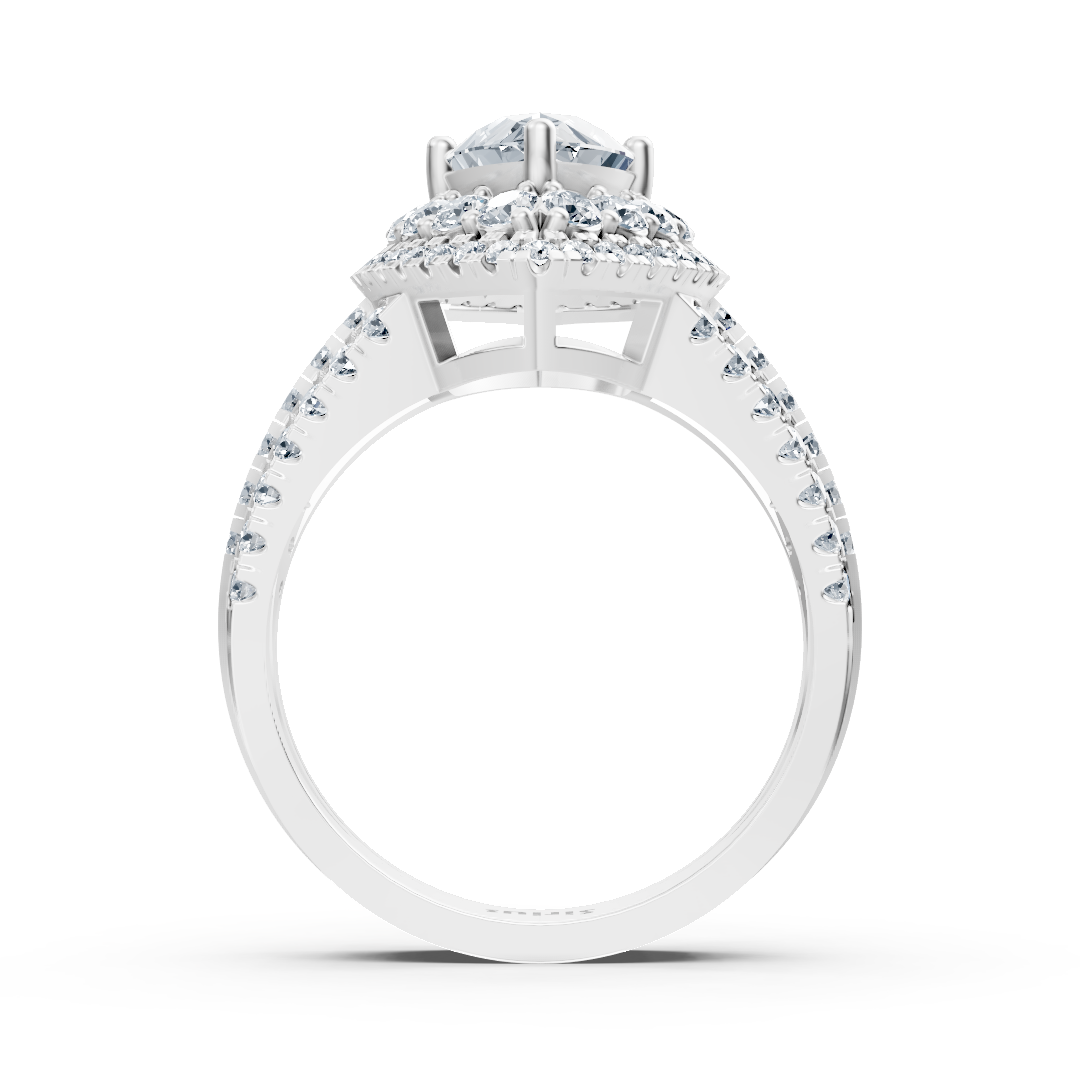 Weißgoldener Halo-Ring mit Marquise-Diamant & Rubinen