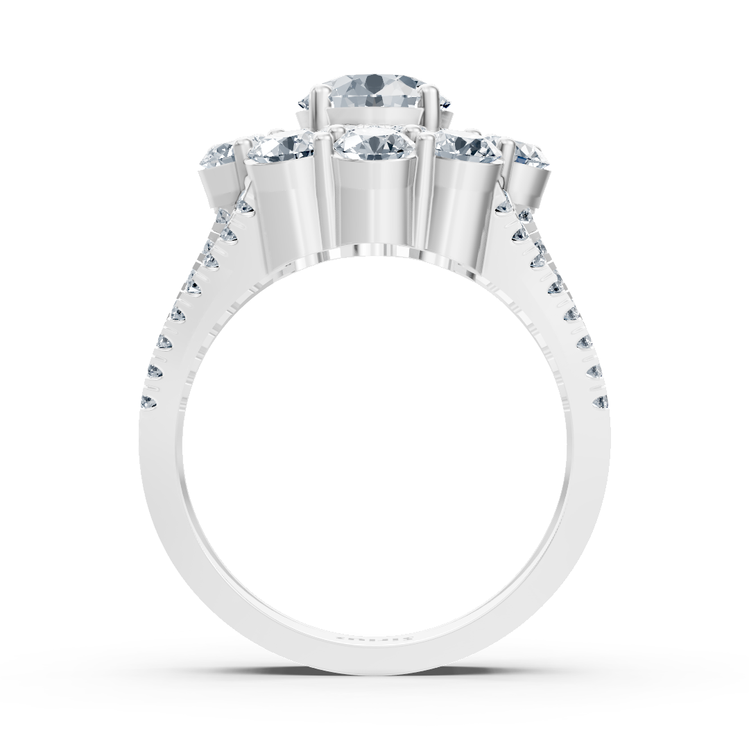 Weißgoldener Halo-Ring mit Diamanten, Smaragden & Rubinen