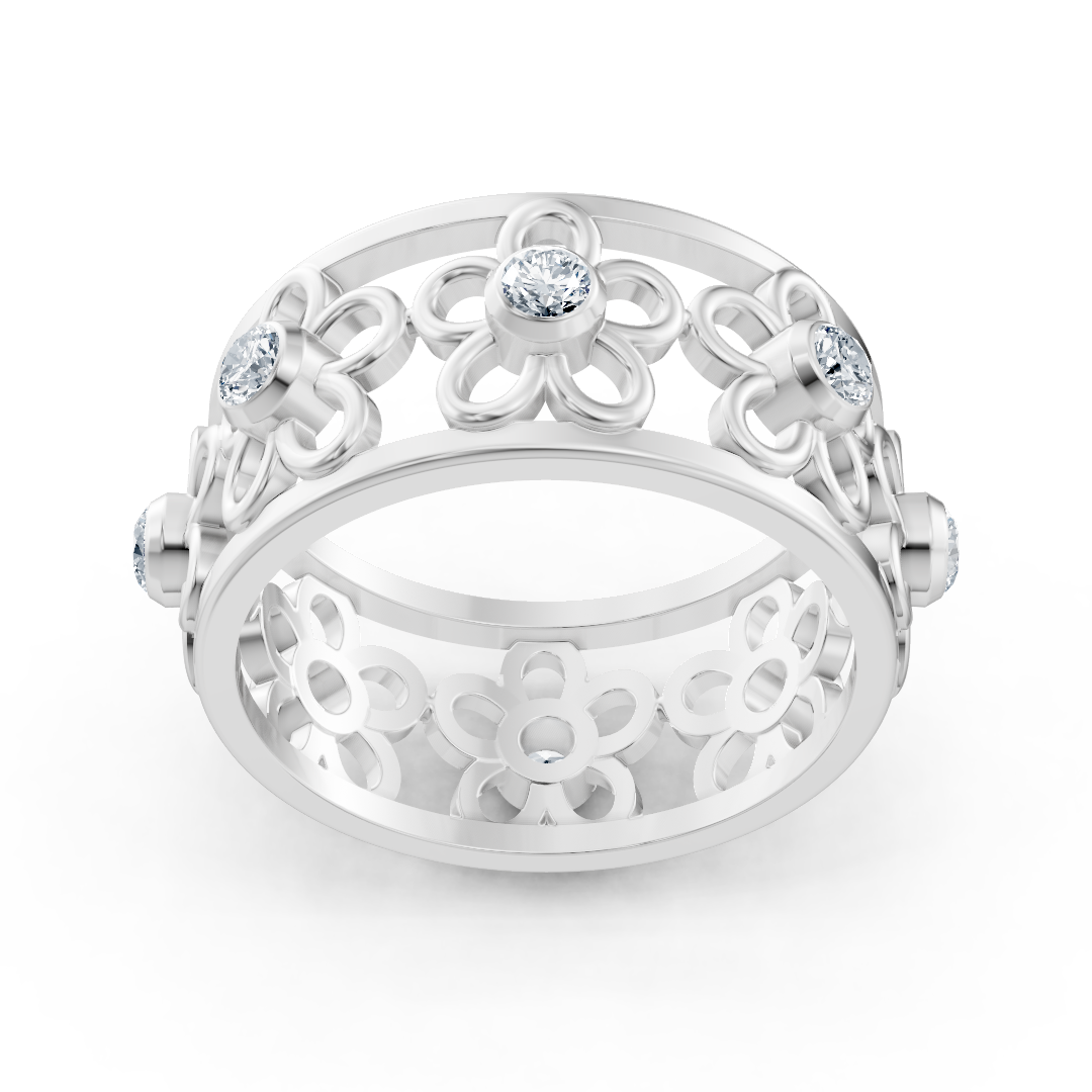 Filigree flower ring with diamonds in 14K white gold