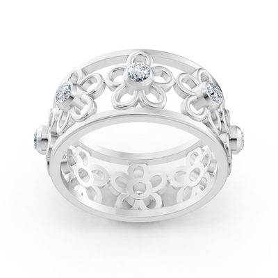 Filigree flower ring with diamonds in 14K white gold