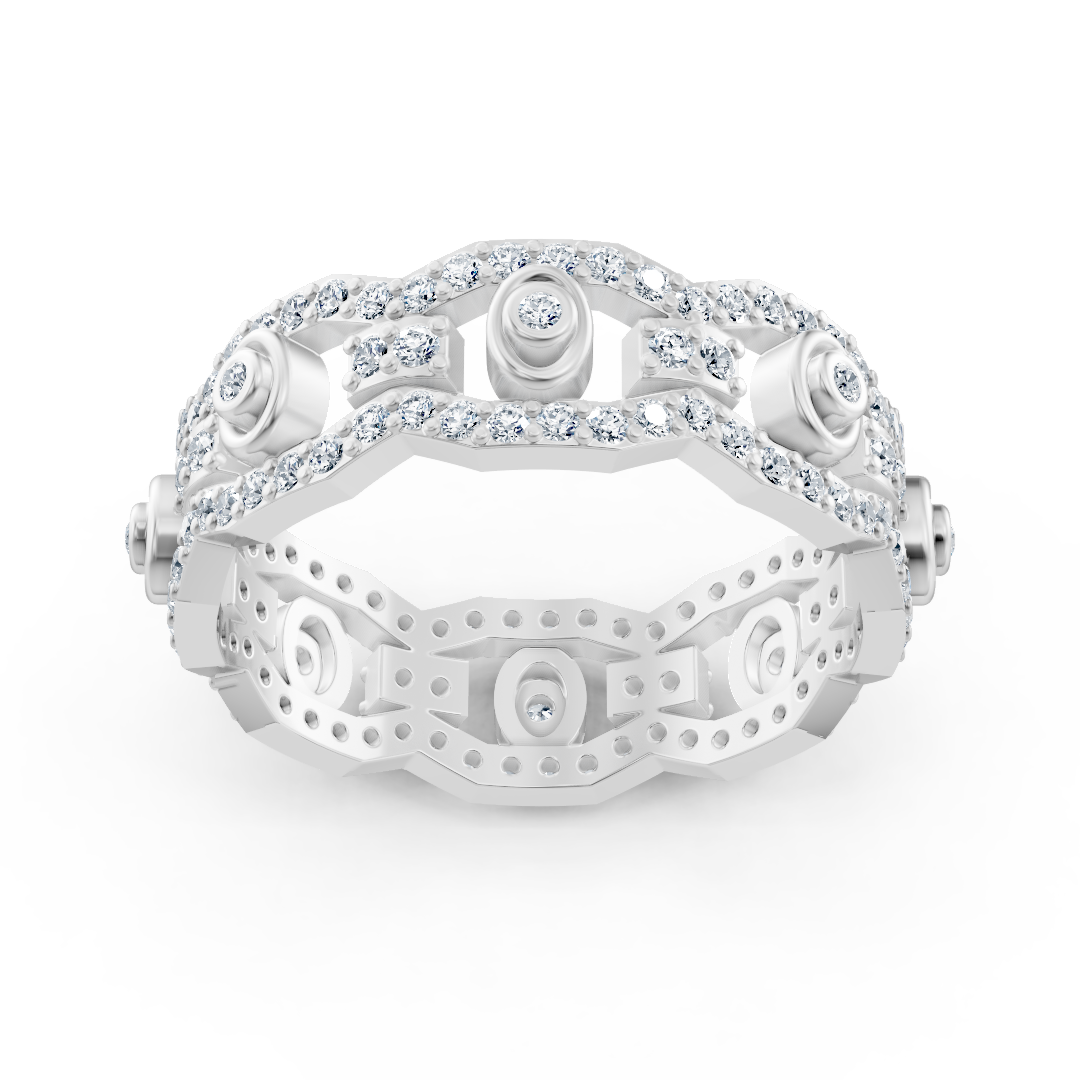 White gold diamond ring with chain and circle design