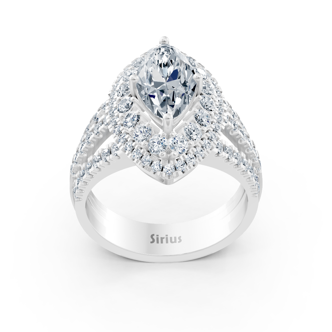 Weißgoldener Halo-Ring mit Marquise-Diamant & Rubinen