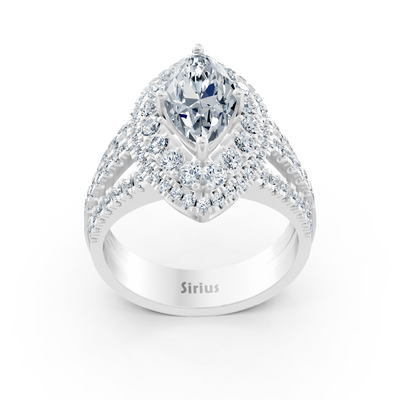Weißgoldener Halo-Ring mit Marquise-Diamant & Rubinen