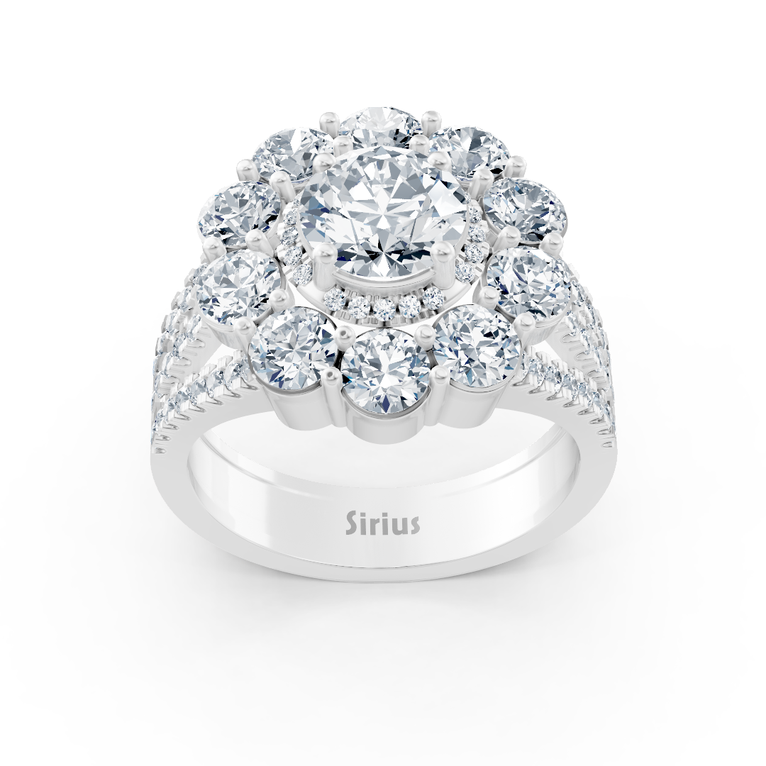 Weißgoldener Halo-Ring mit Diamanten, Smaragden & Rubinen
