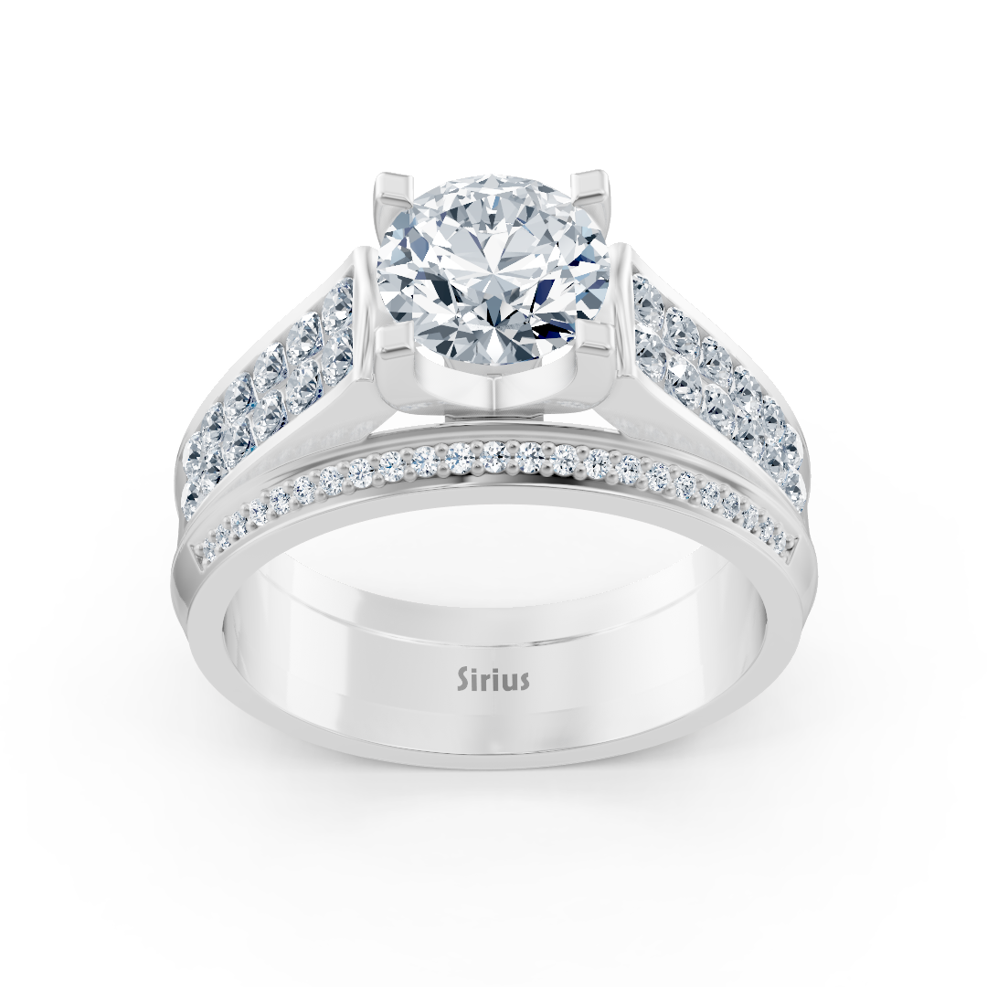 Cathedral canal engagement ring with diamonds in white gold